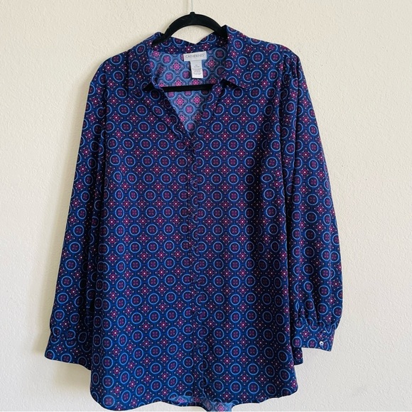 Catherines Women's Blue Patterned Top full button-down tunic flowy size 14/16W - Picture 1 of 8